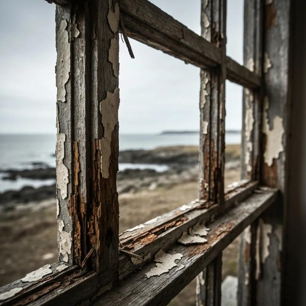 Close-up of a wooden window frame with signs of coastal rot and corrosion