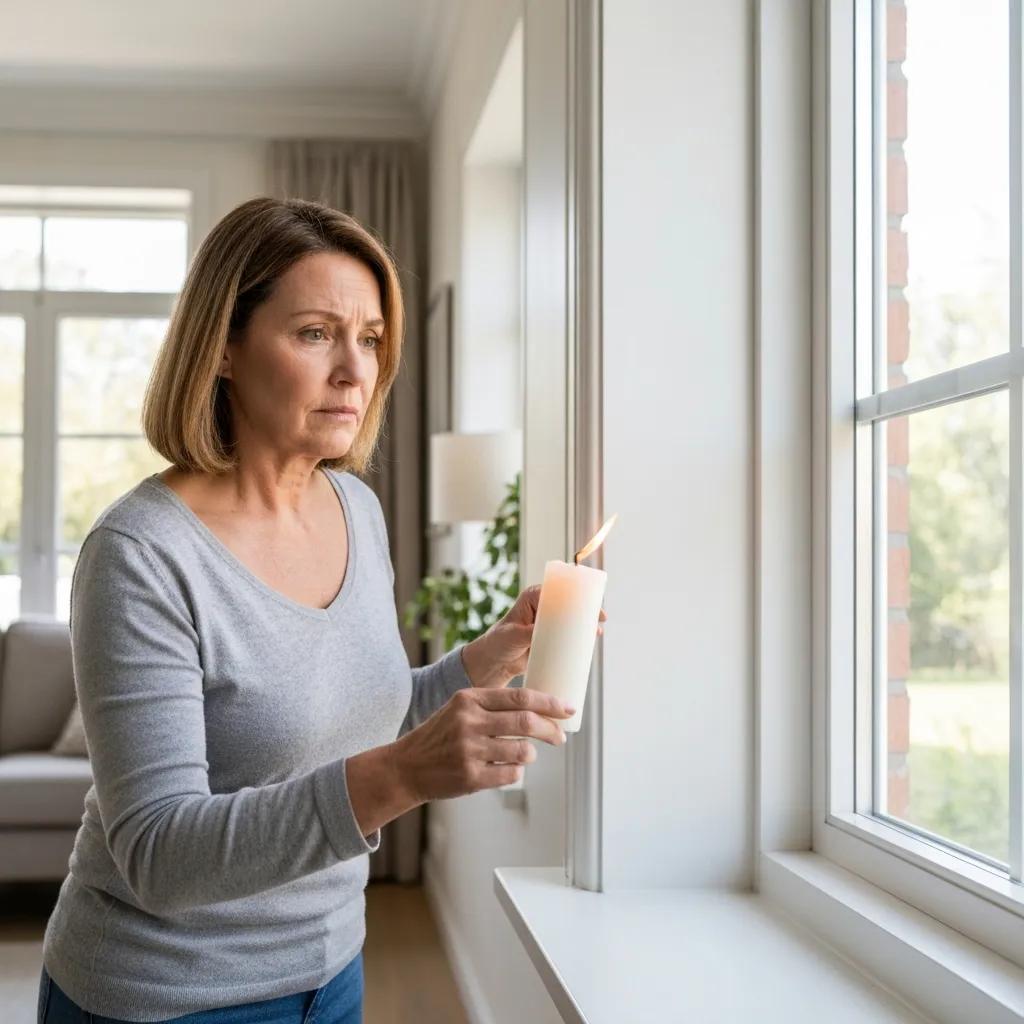 Person checking for draughts around a window with a candle