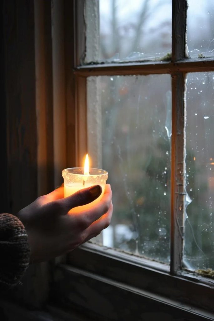 Testing for drafts by holding a candle near a window to detect air movement