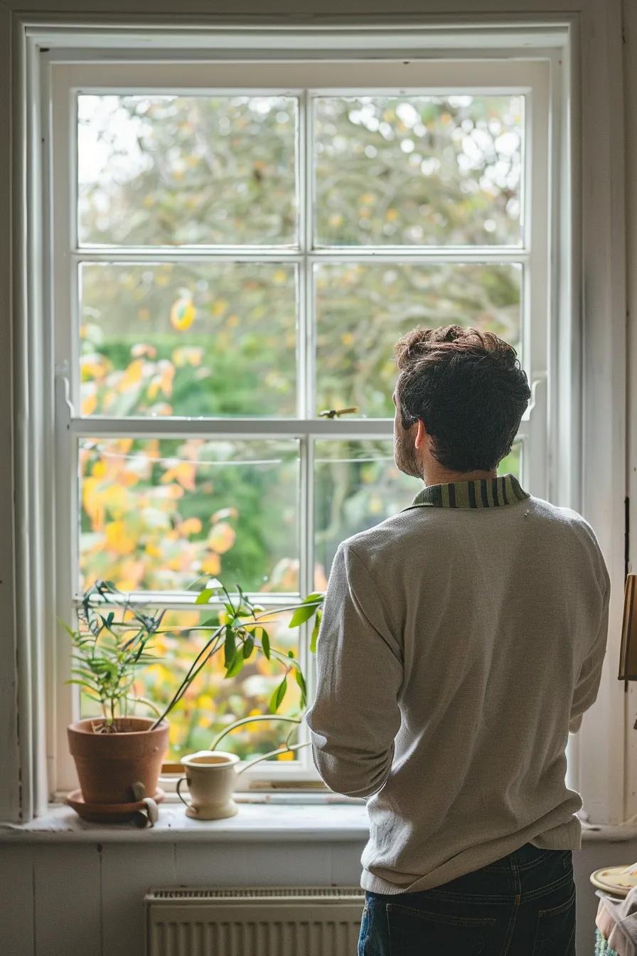 A Sussex homeowner checking windows for signs of wear in a bright, welcoming room