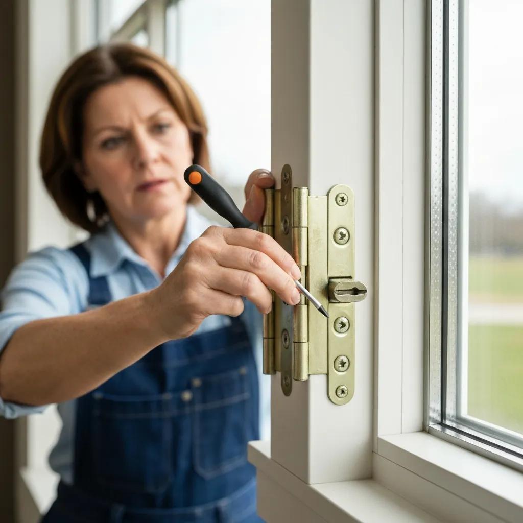 Close-up of someone adjusting window hinges and locks with tools during maintenance