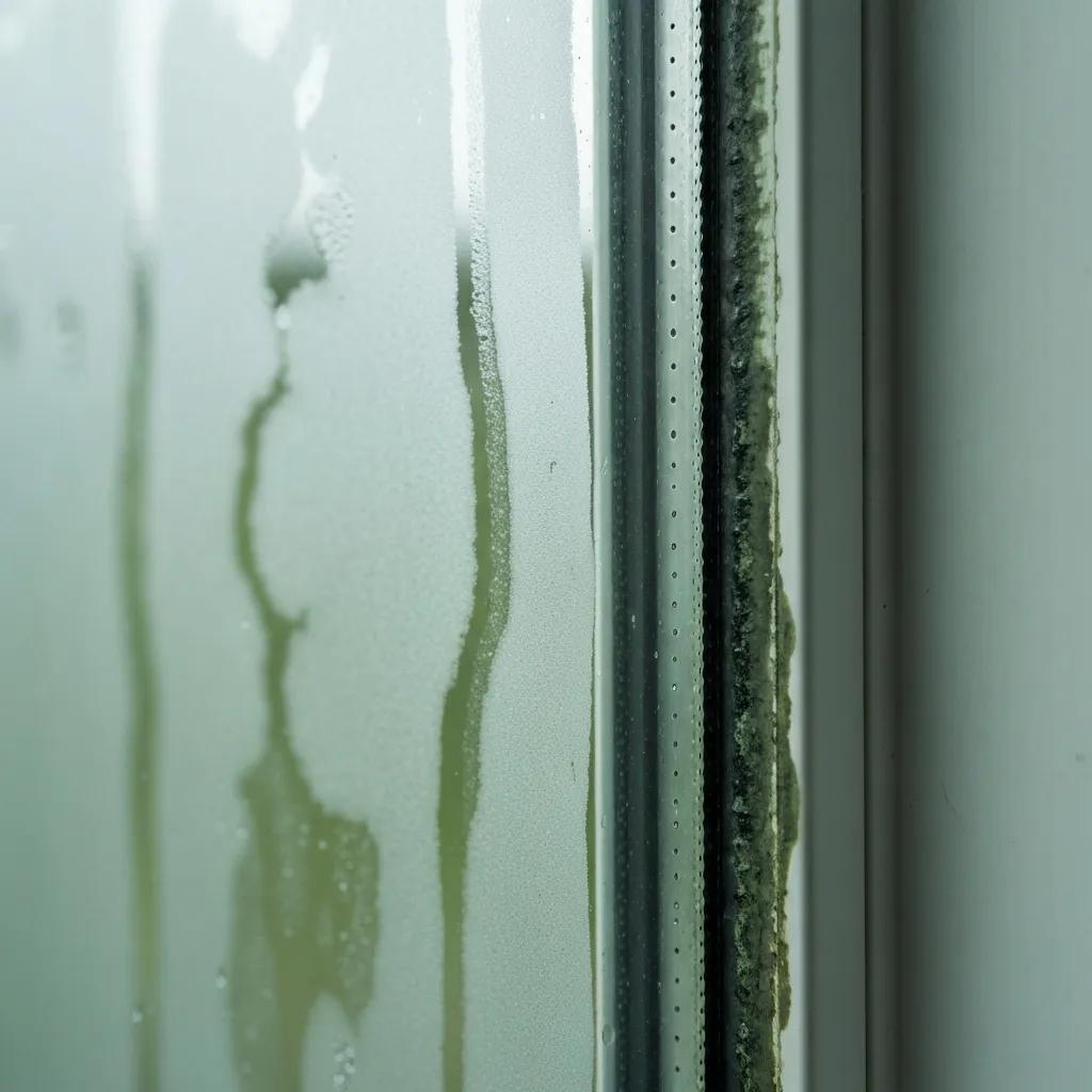Close-up of blown double glazing showing condensation and edge corrosion