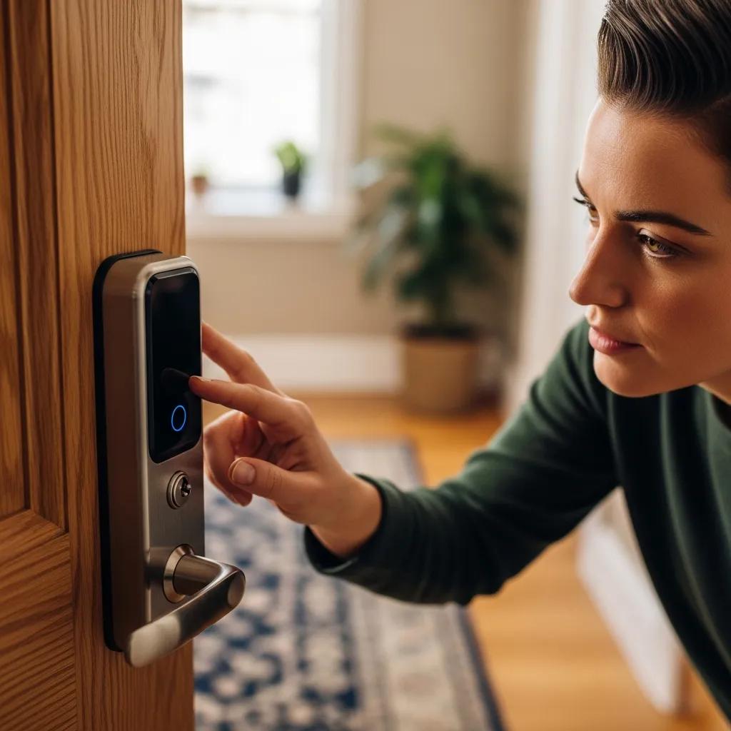 Close-up of a homeowner inspecting a modern door lock, emphasizing security and maintenance