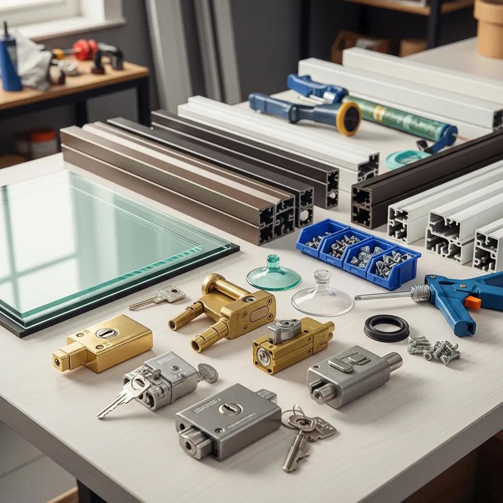 High-quality materials for patio door repairs displayed on a workbench