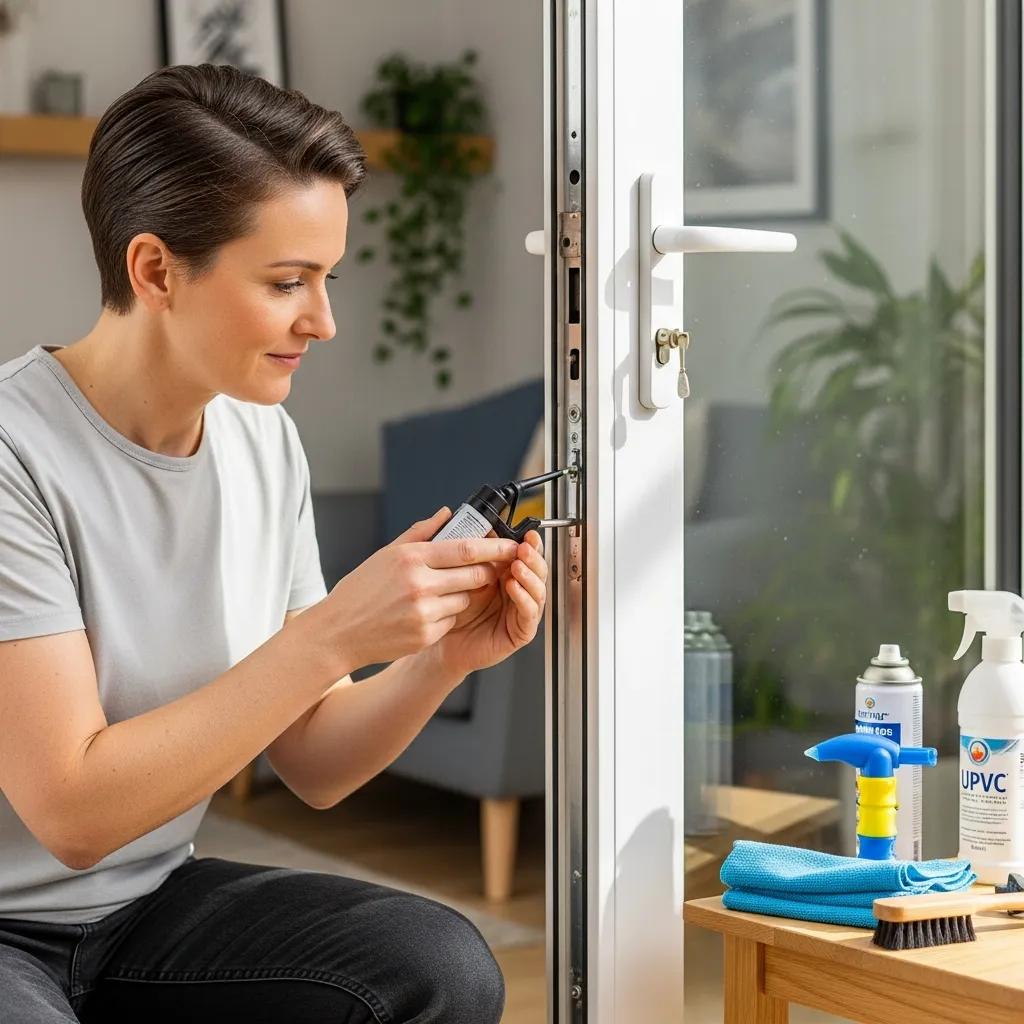 Homeowner performing maintenance on a UPVC patio door, applying lubricant to hinges