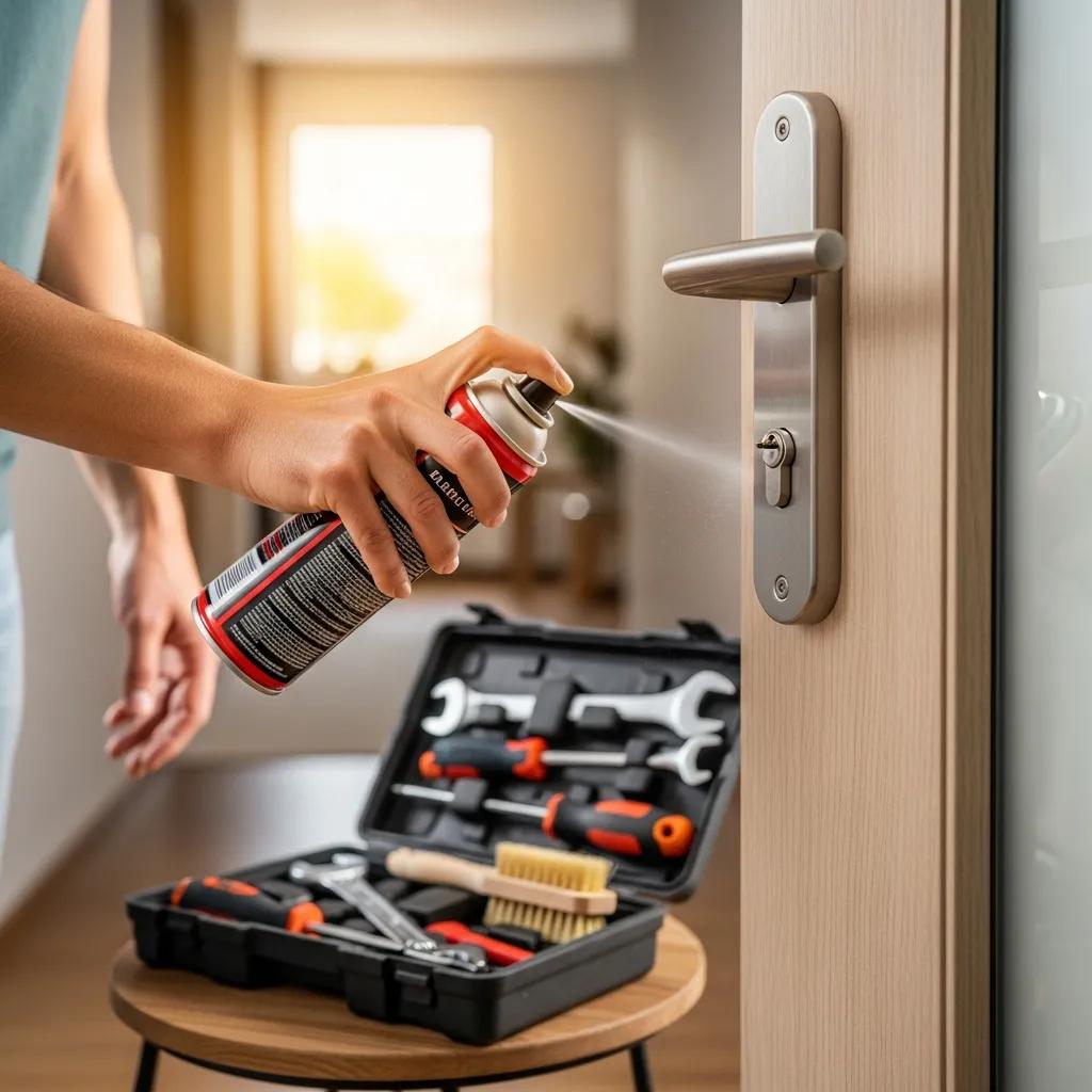Person applying lubricant to a door lock, illustrating essential maintenance tips for door locks