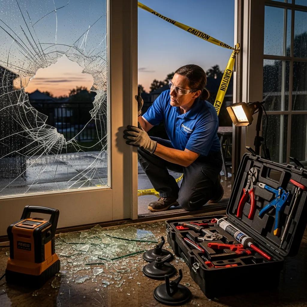 Technician assessing a broken patio door with shattered glass