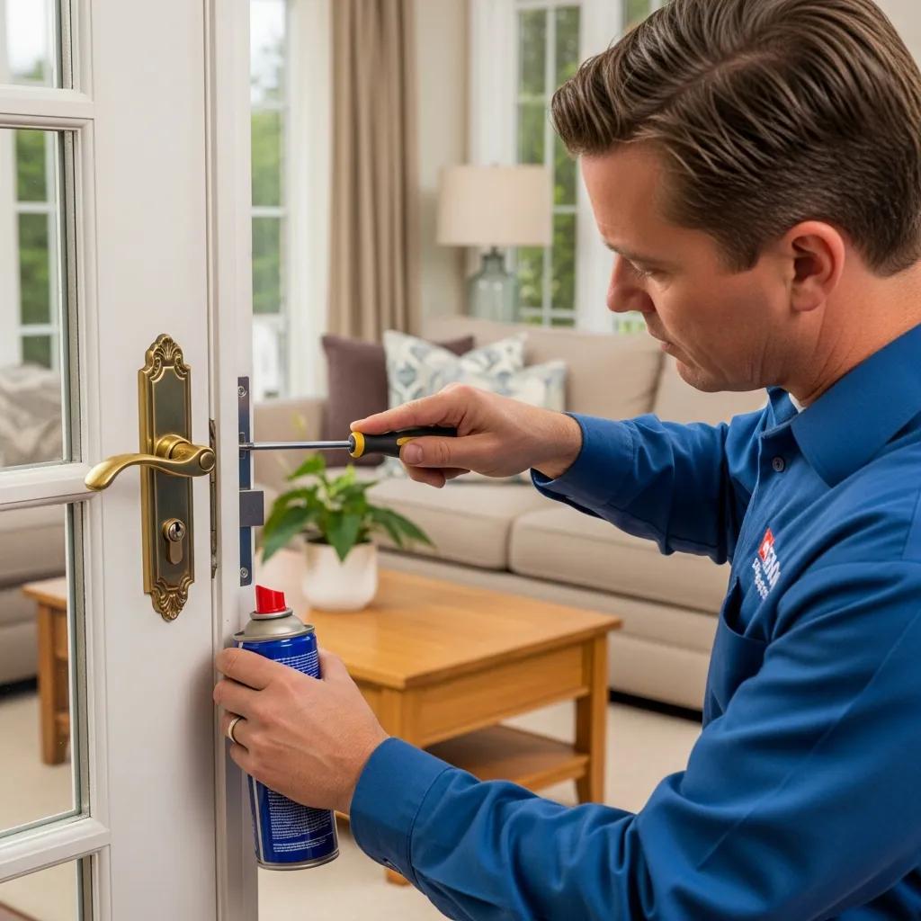 Technician repairing a patio door lock, highlighting expert maintenance techniques