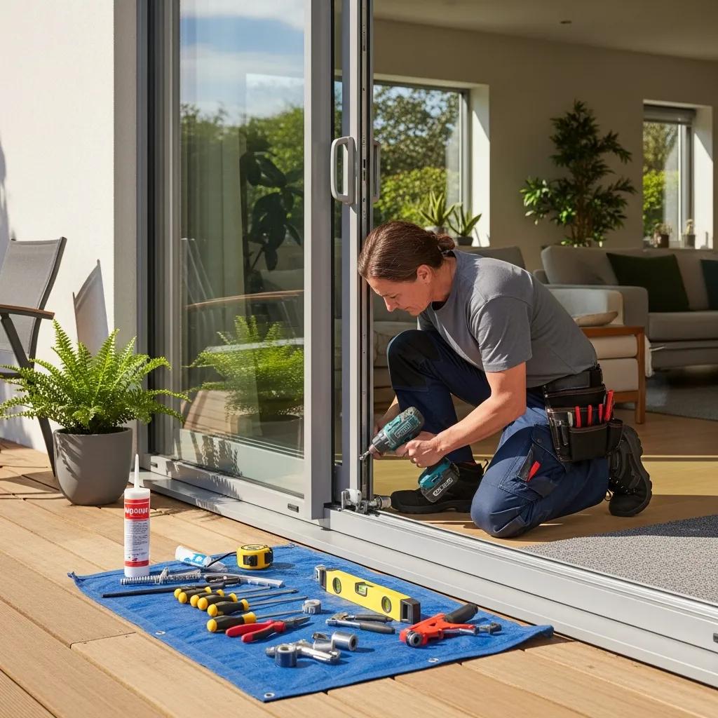 Technician repairing a patio door with tools in a bright outdoor setting