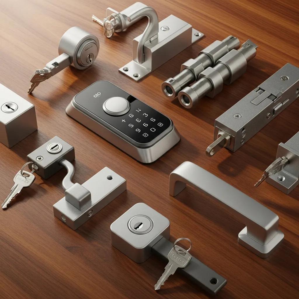 Variety of patio door locks including high-security and smart locks, representing security upgrade options