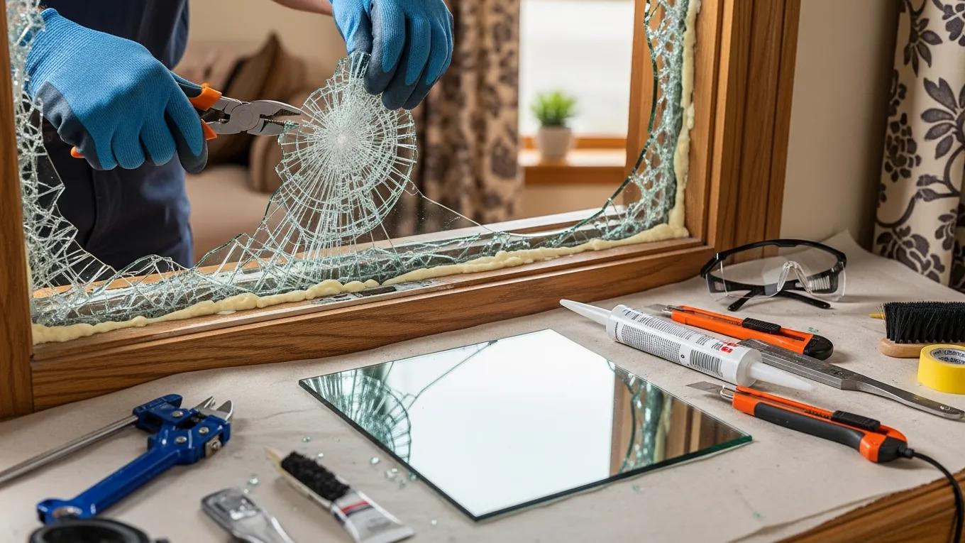 Close-up of a broken window being prepared for glass replacement, highlighting the repair process and tools used