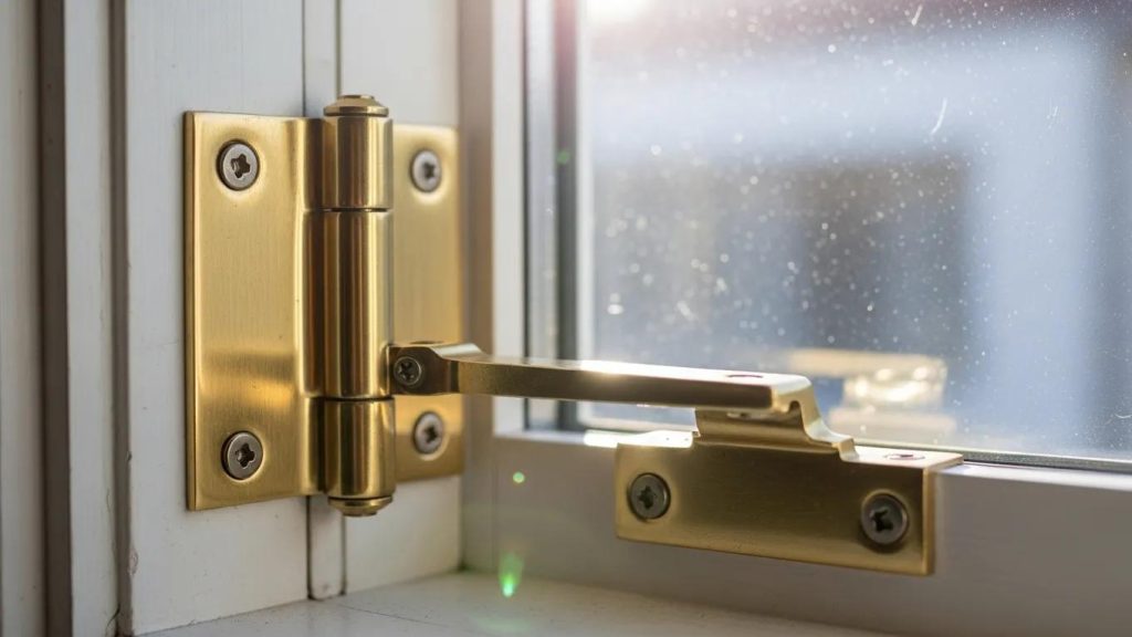 Close-up of a shiny window hinge highlighting maintenance and functionality