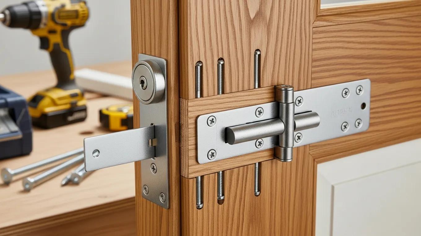 Close-up of door frame reinforcement techniques with strike plates and deadbolts