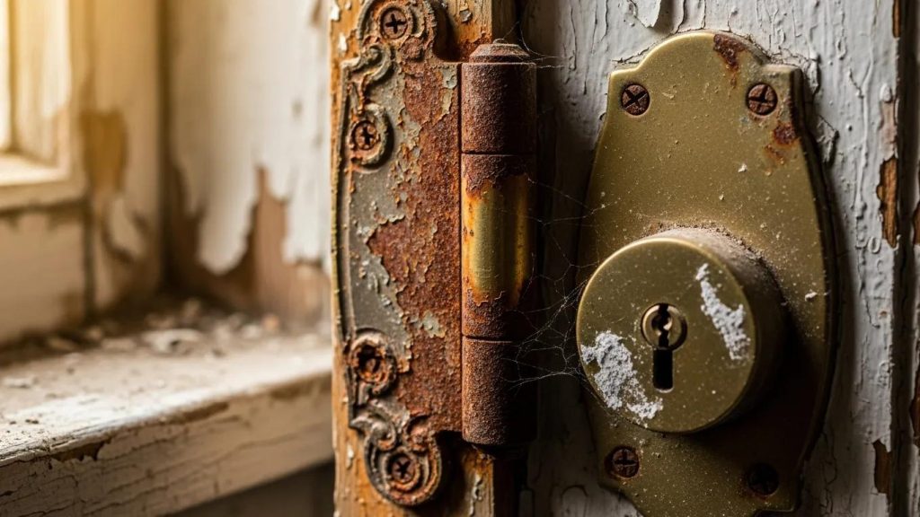 Corroded window and door hardware highlighting rusted hinges and locks