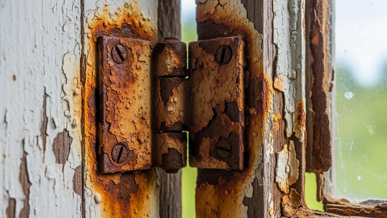 Corroded window hinge showing rust and signs of wear