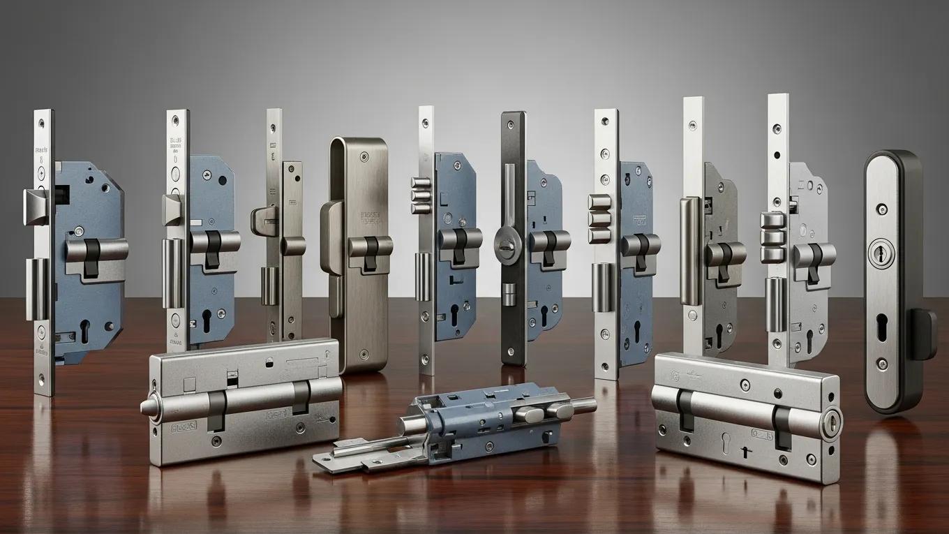 High-security door locks including multi-point and anti-snap locks on a wooden surface