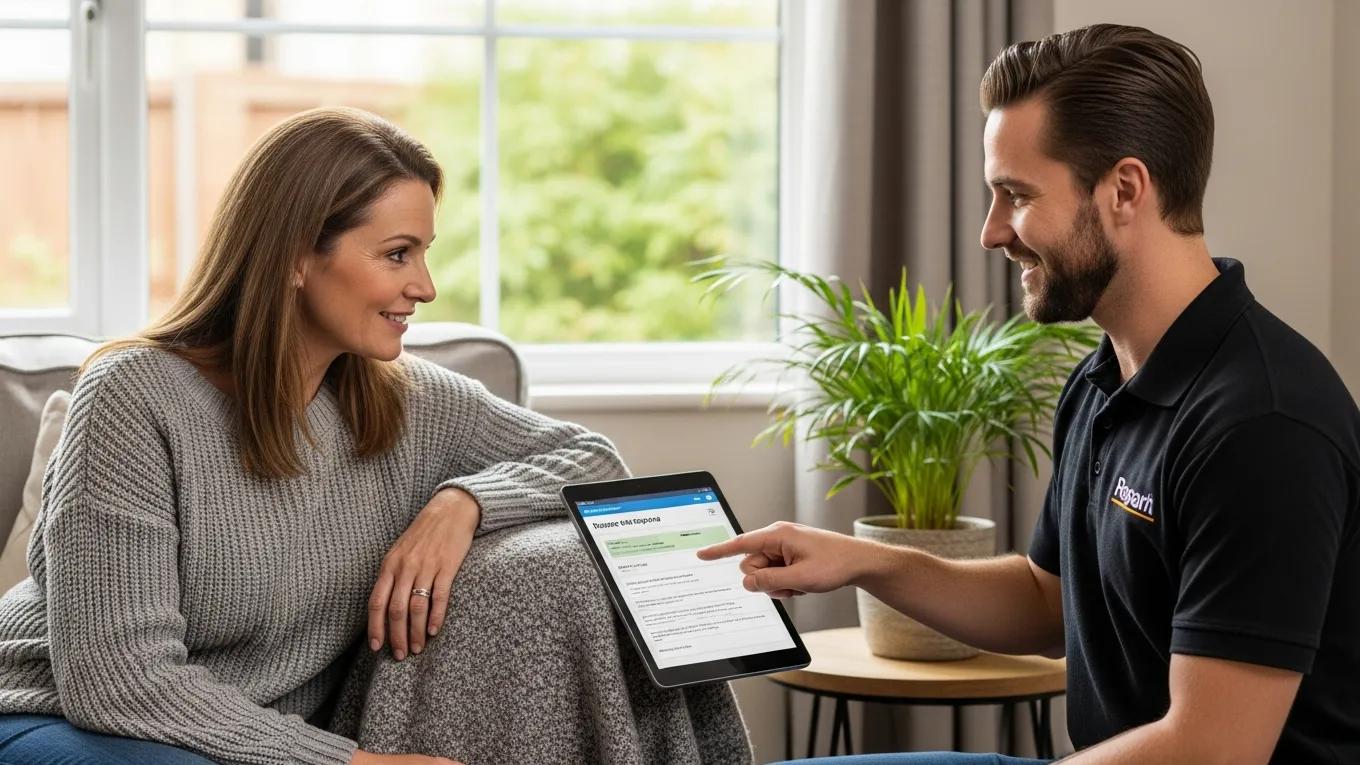 Homeowner consulting with a window repair professional about service options