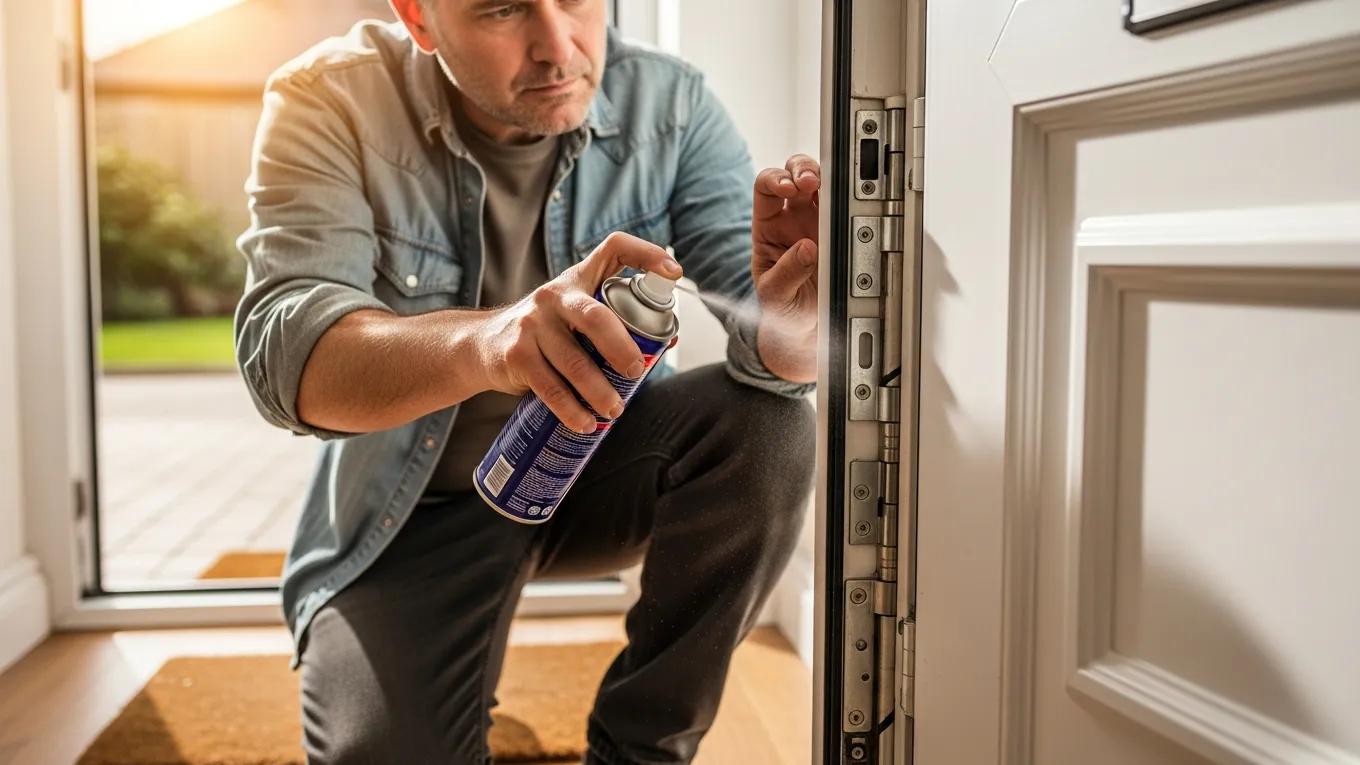 Homeowner maintaining UPVC door hinges with lubricant in a bright home environment