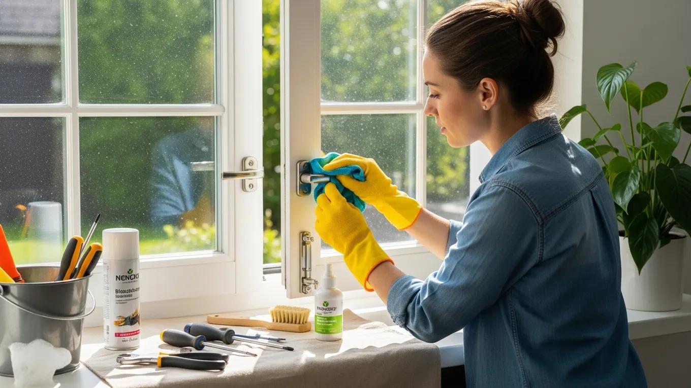 Homeowner performing maintenance on window and door hardware to prevent corrosion