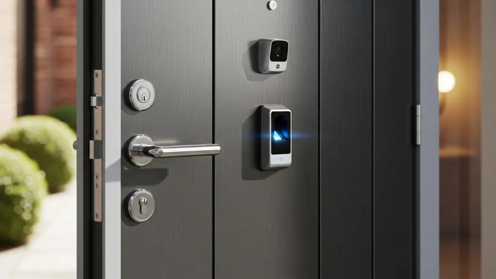 Modern door with advanced security locks in a residential setting
