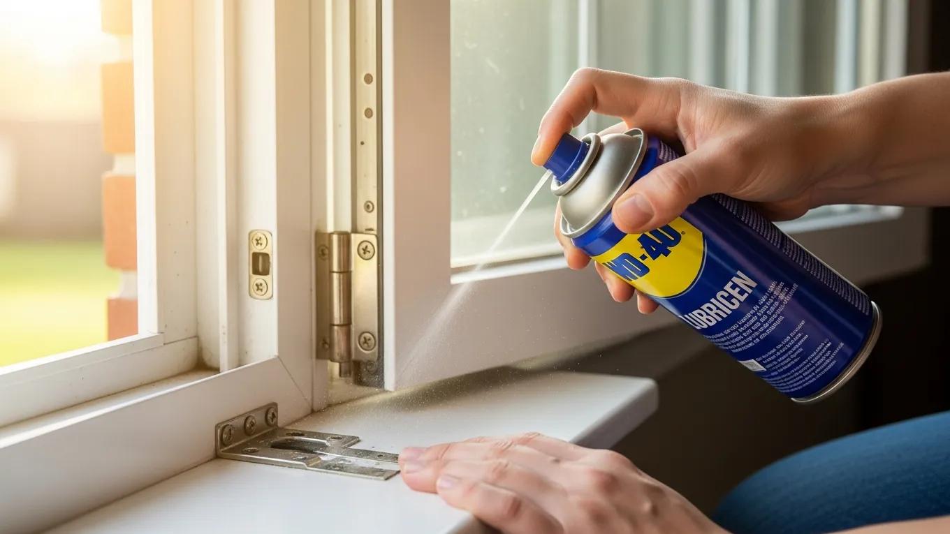 Person applying lubricant to a window hinge for maintenance