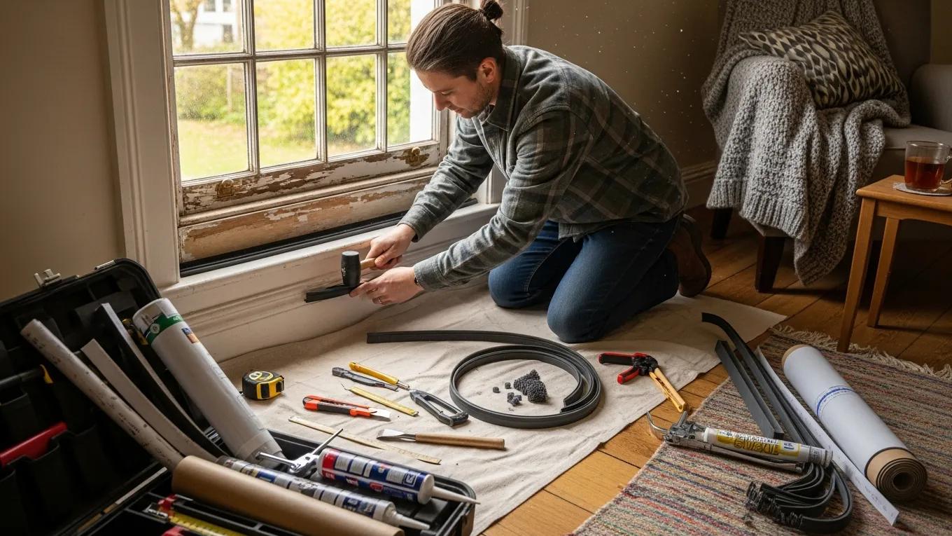 Professional applying draught proofing to a sash window, enhancing energy efficiency
