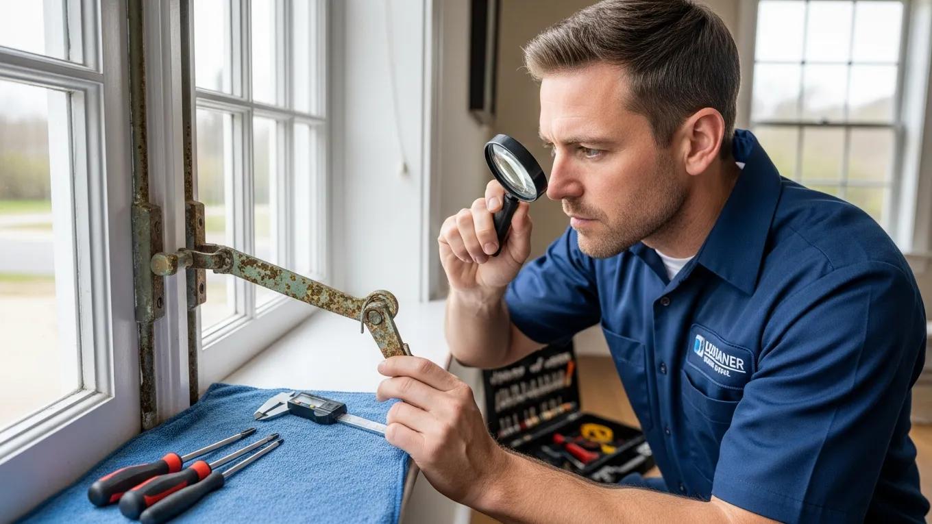 Technician assessing corroded window and door hardware for repair or replacement