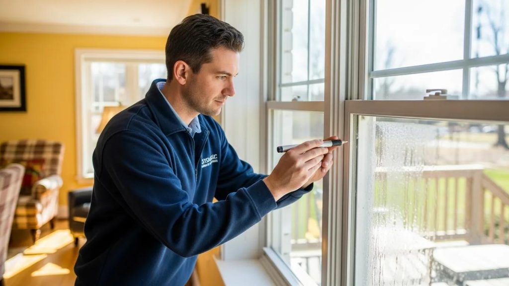 Technician inspecting a double-glazed window for condensation issues