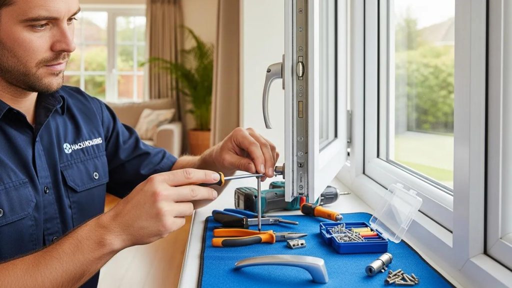 Technician repairing UPVC window handle and lock in a home setting
