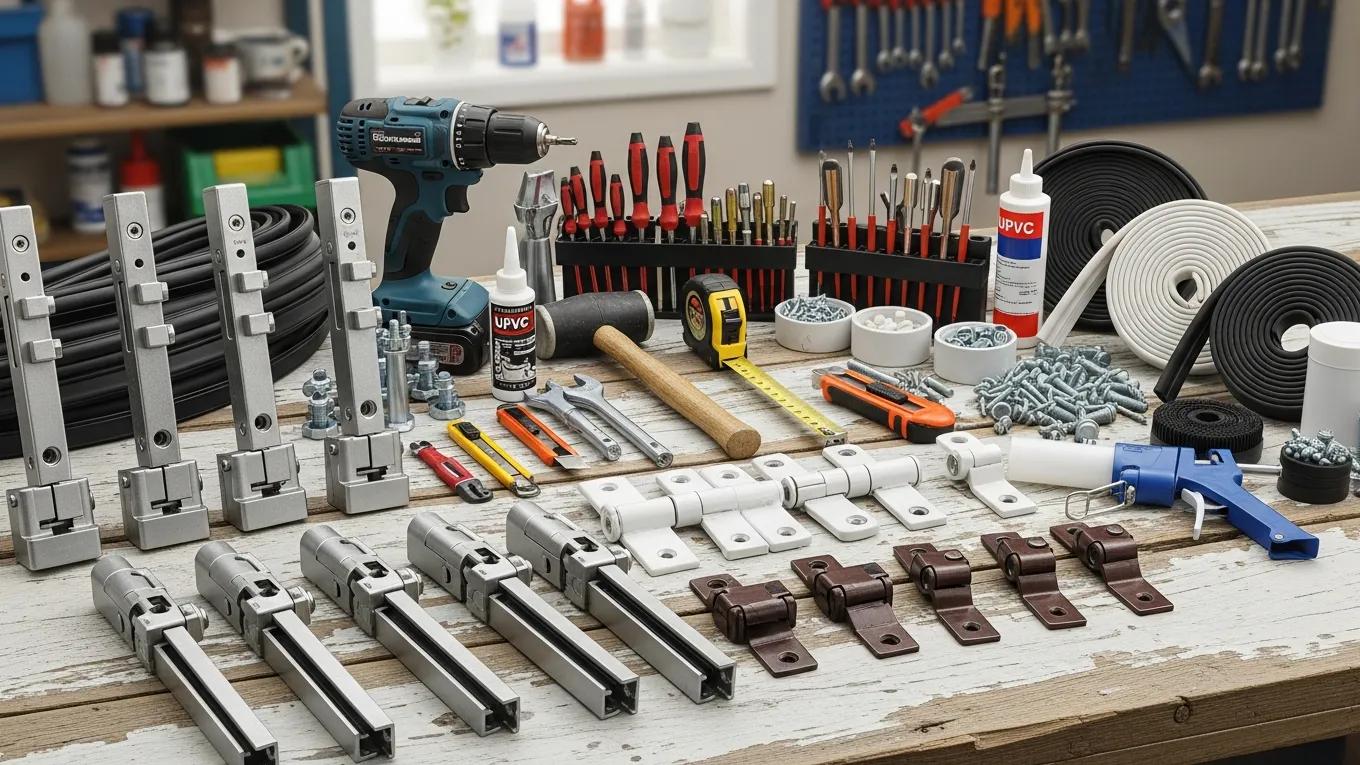UPVC repair tools and parts on a workbench for window and door maintenance