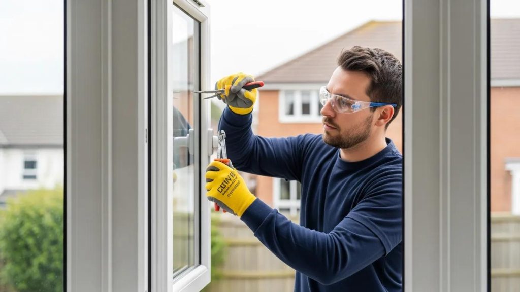 Window repair technician replacing glass in a Sussex home, emphasizing professional service and home improvement