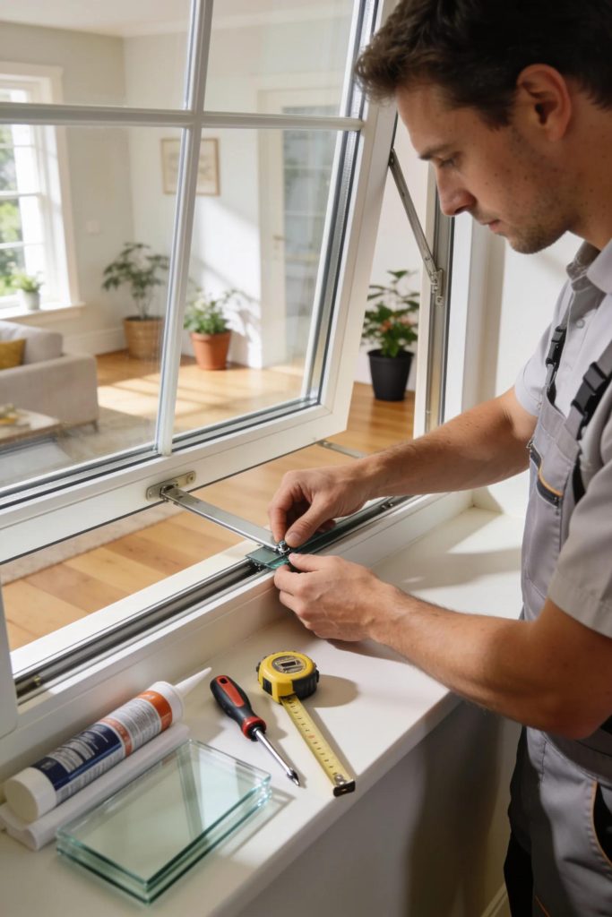 Professional window and door repair technician working on double glazing in a Sussex home