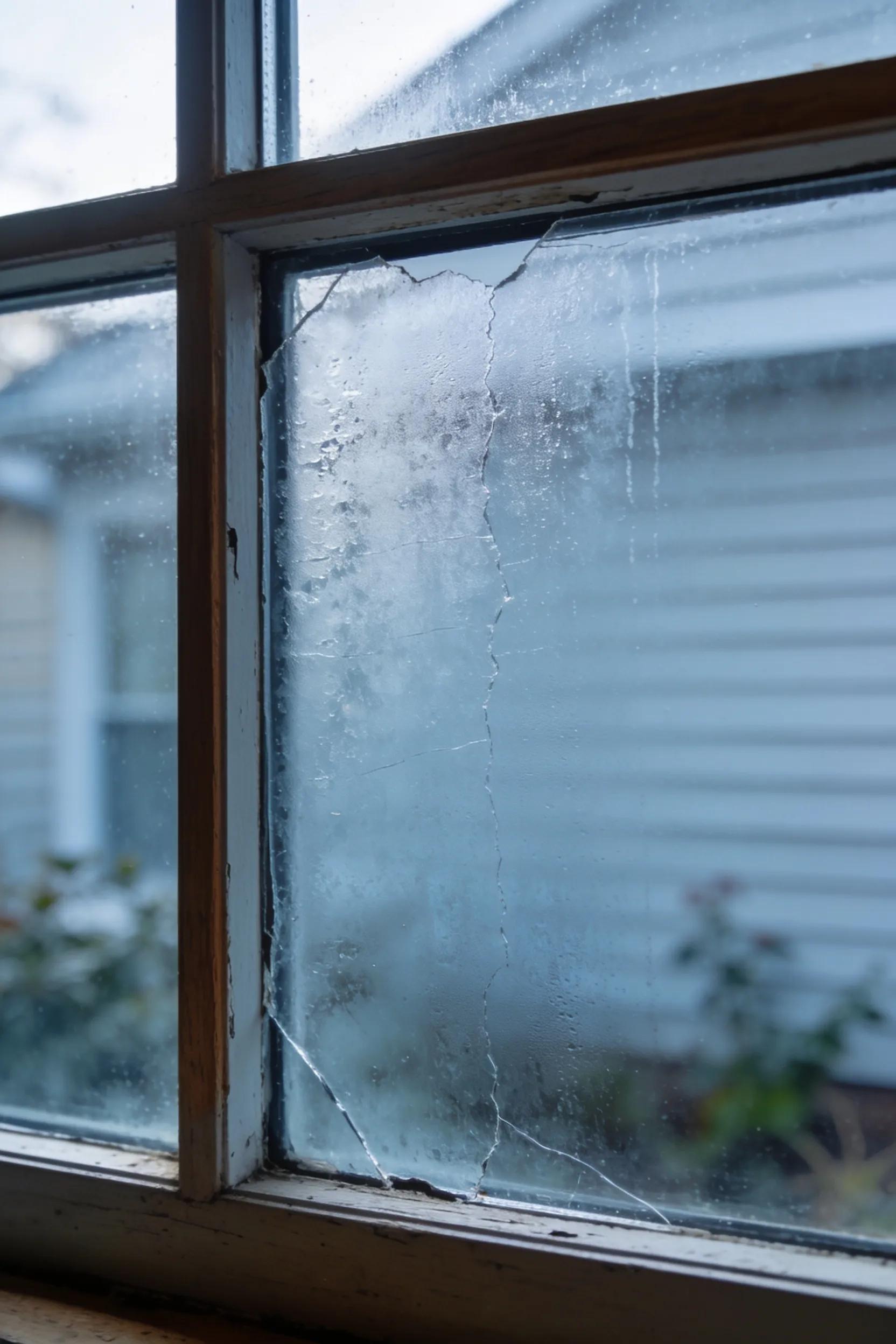 Close-up of a damaged double-glazed window with condensation indicating repair needs