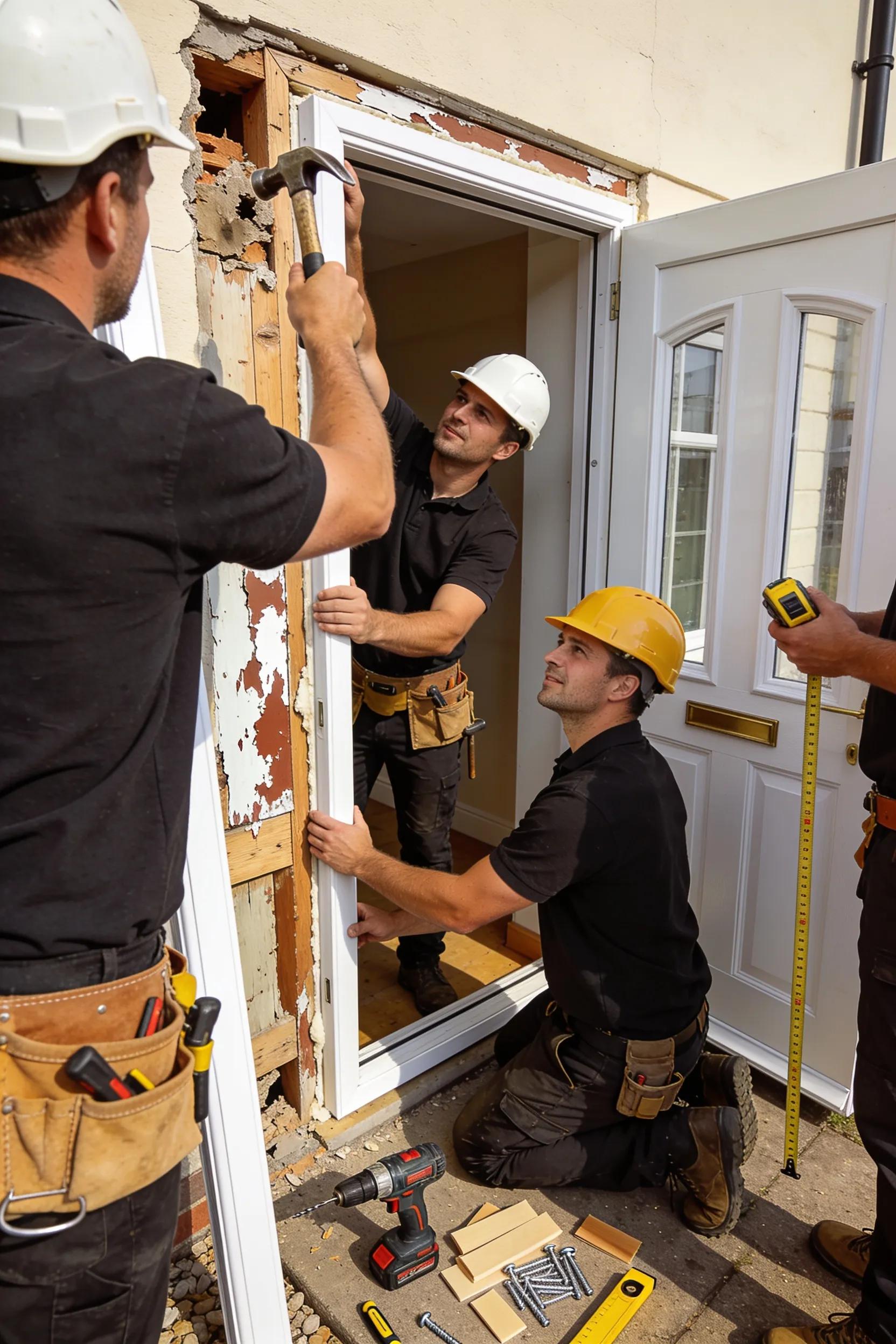 Construction team replacing a door frame in a Sussex residential area