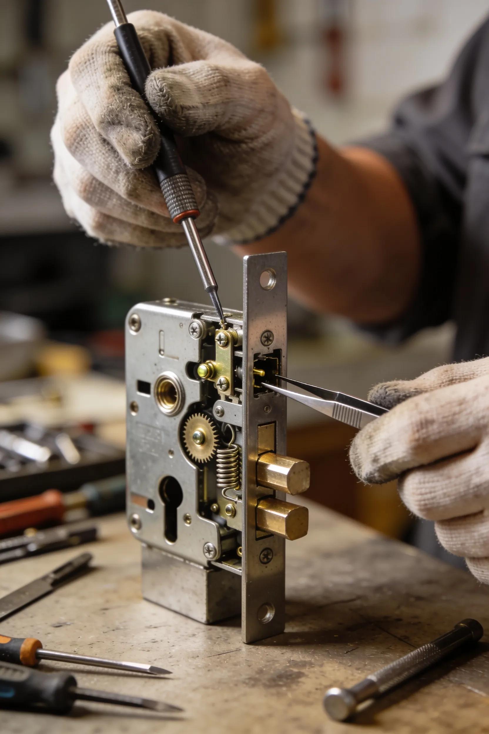 Technician repairing a door lock, showcasing tools and mechanisms involved in the process