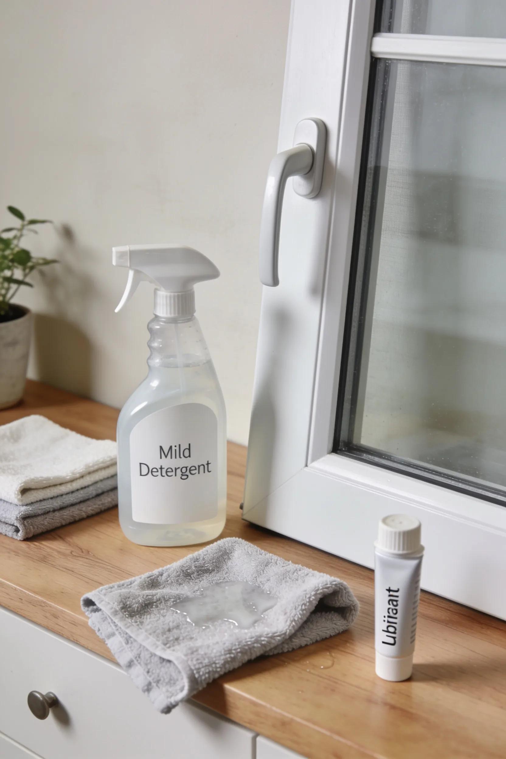 Cleaning supplies and lubricant for uPVC door maintenance