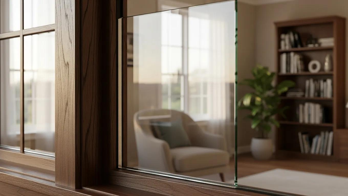 Close-up of a newly installed glass pane in a window frame, highlighting quality craftsmanship
