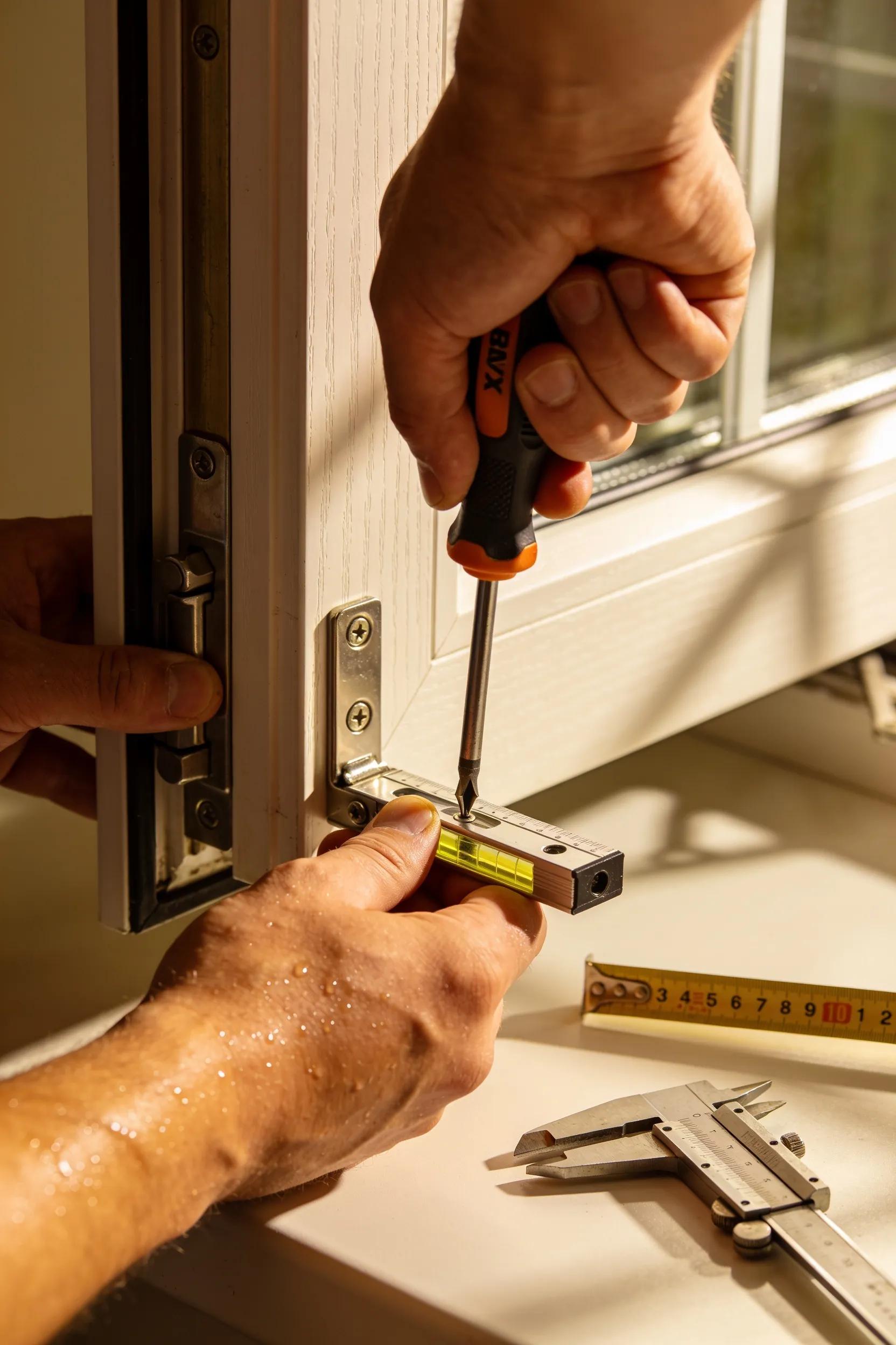 Technician adjusting hinges of a uPVC door for alignment
