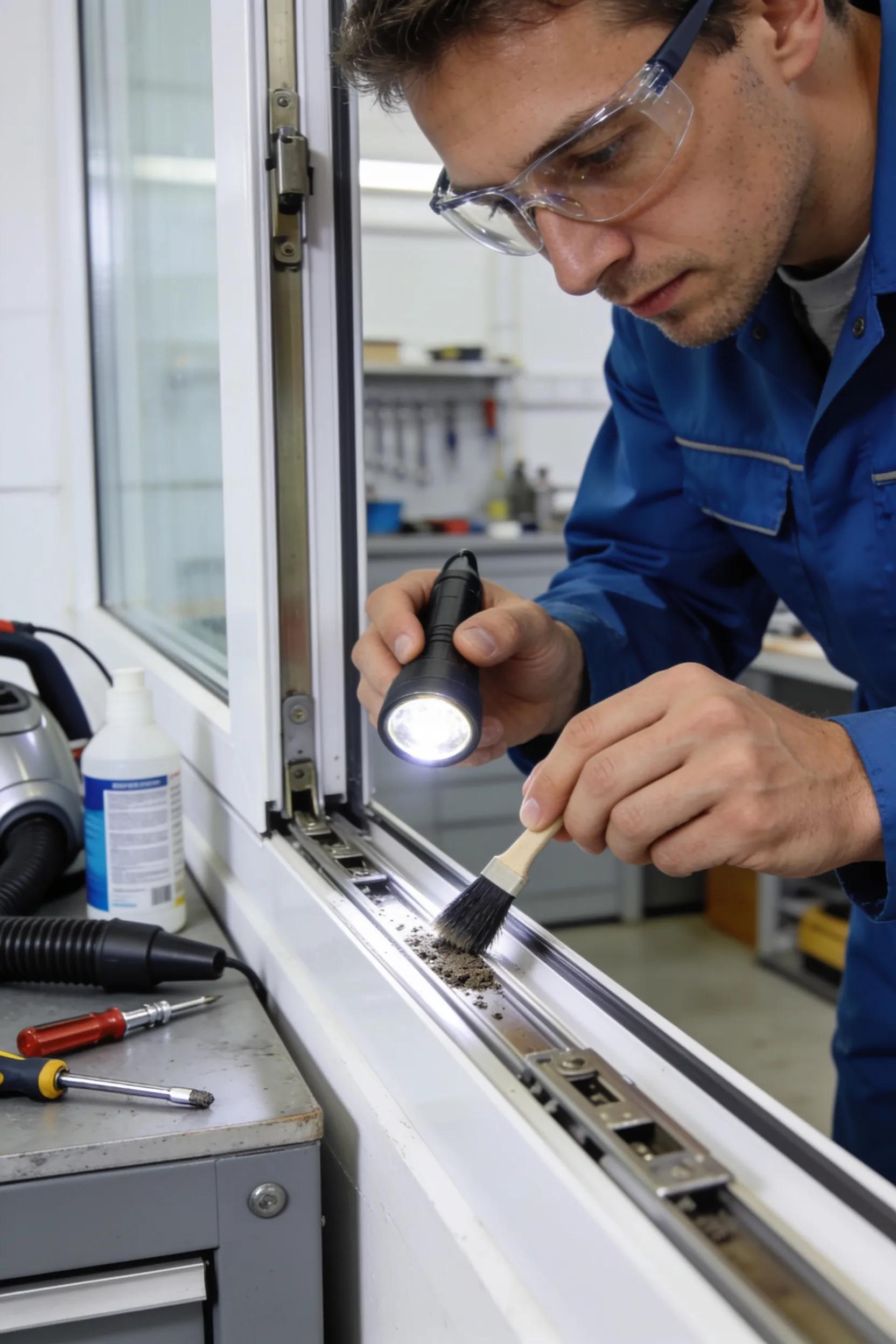 Technician performing sliding window track repair showcasing a professional repair process