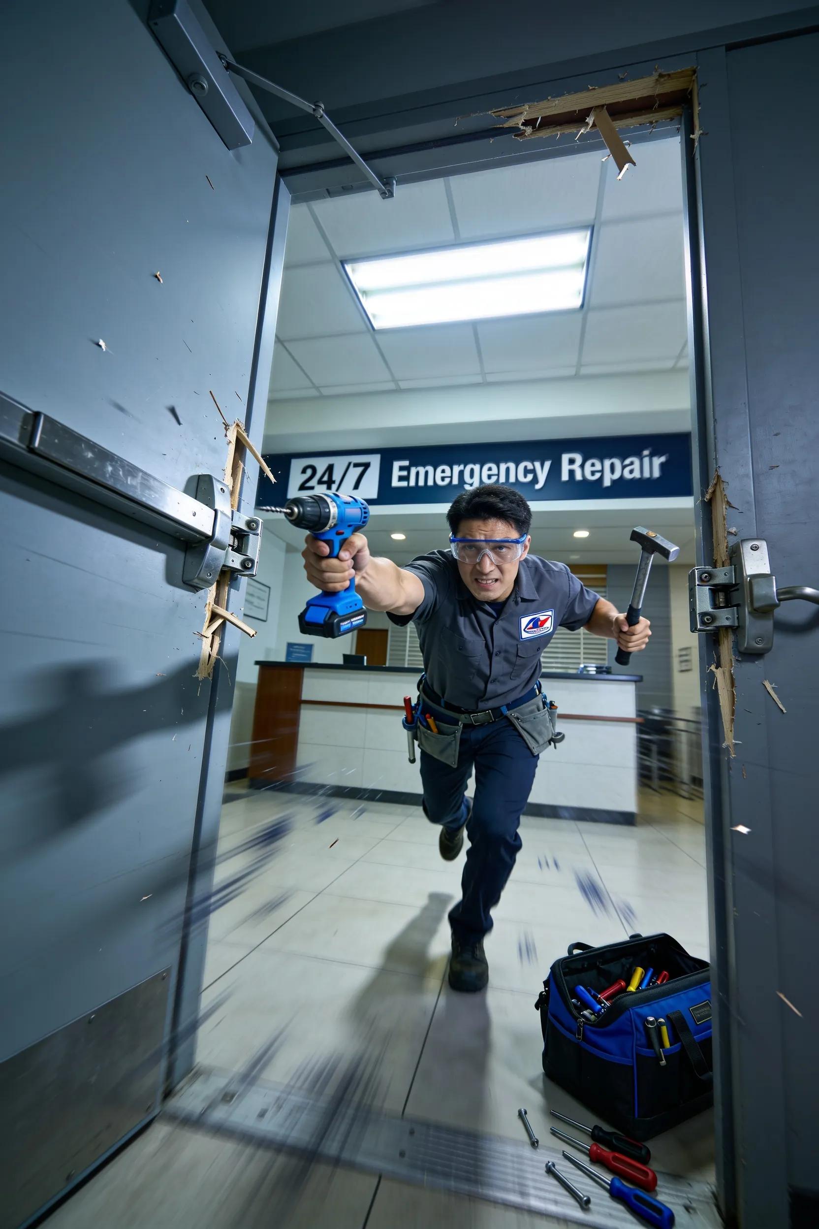 Technician addressing an emergency door repair, demonstrating quick response and expertise