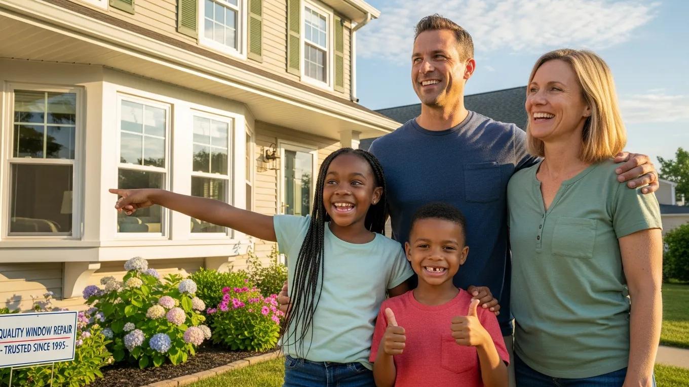 Happy family in front of their home with newly repaired windows, showcasing satisfaction