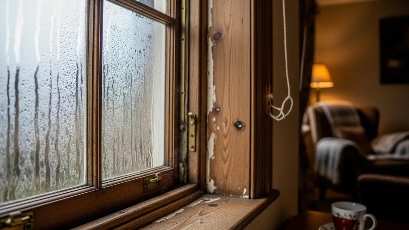 Close-up of a draughty old sash window showing condensation and gaps