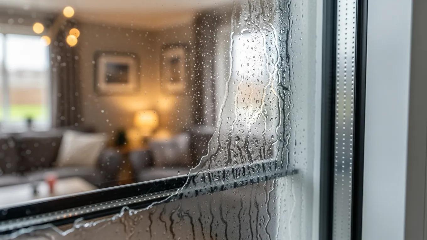 Close-up of double-glazed window showing condensation indicating seal failure