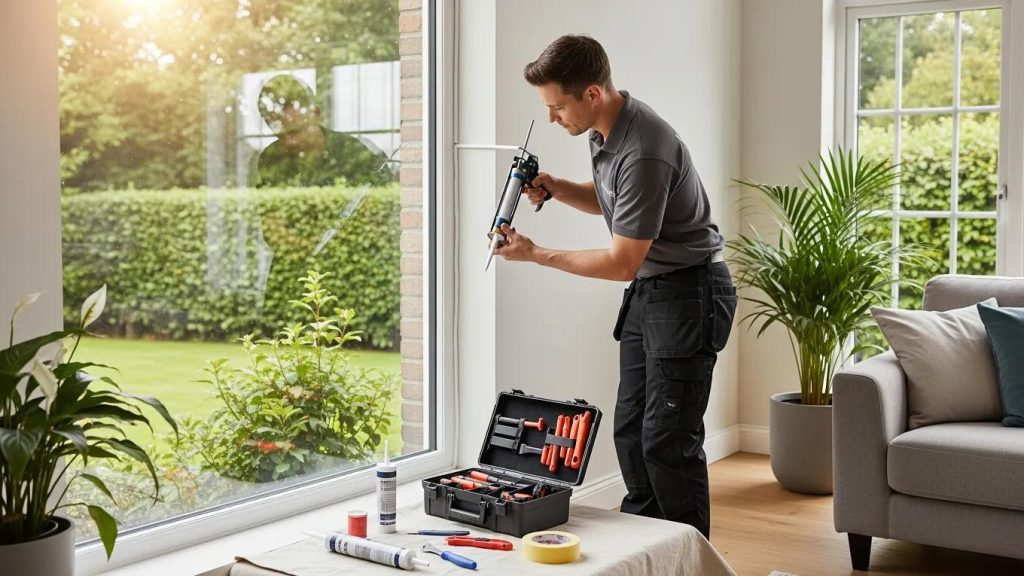 Professional technician replacing window seal for energy efficiency