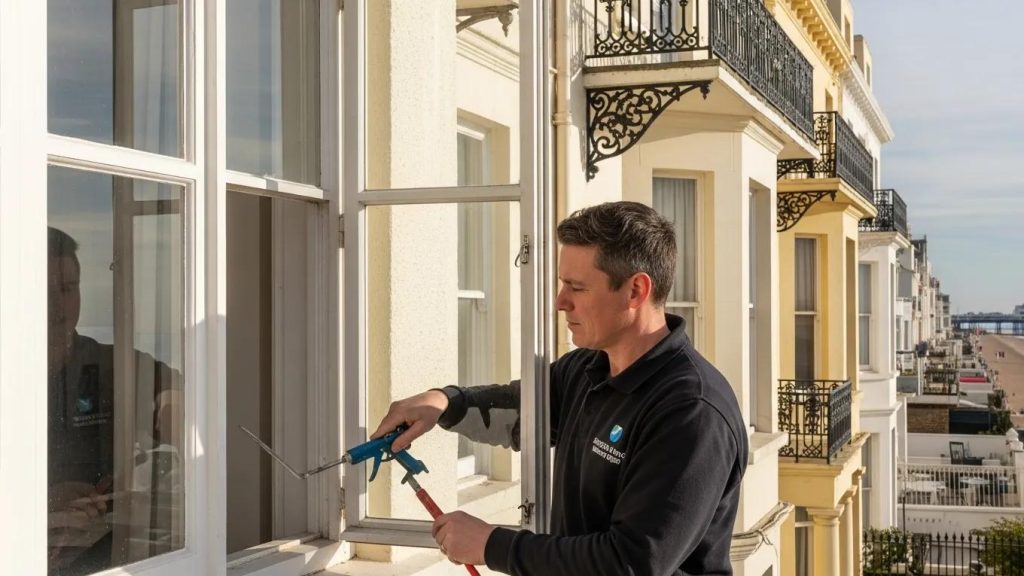 Professional window repair technician working on a residential window in Brighton and Hove