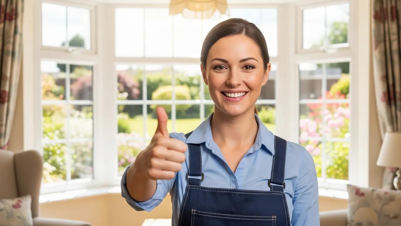 Satisfied customer giving a thumbs up in front of a repaired window