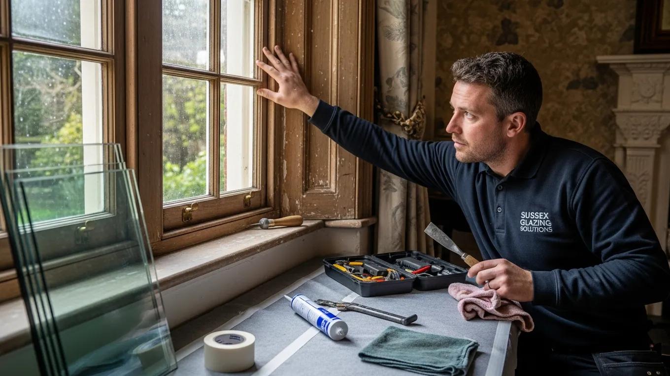 Technician from Sussex Glazing Solutions assessing an old sash window for repair