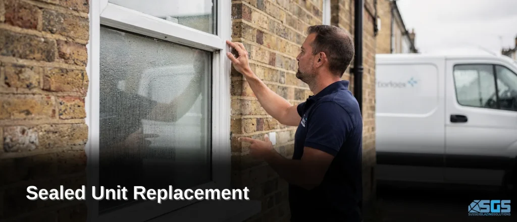 Condensation appearing between the panes signals seal failure and the need for replacement.; Failed seals