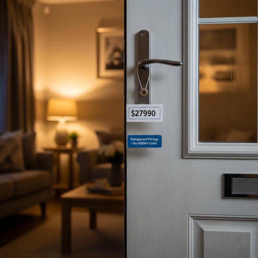 Modern UPVC door with a transparent pricing tag, symbolizing trust and clarity in repair services