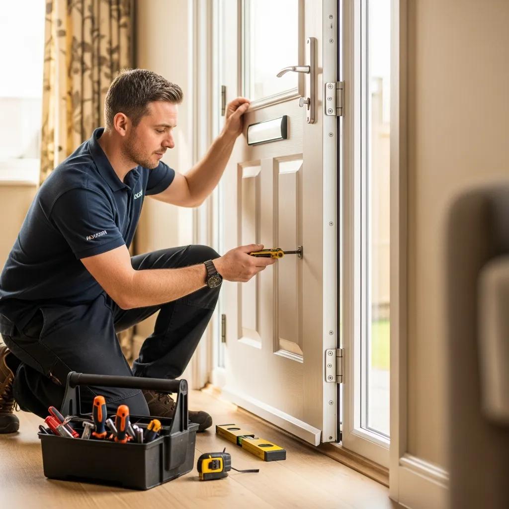 Technician examining a UPVC door, illustrating the factors influencing repair costs